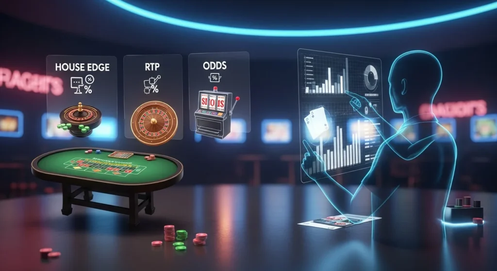 Realistic scene of a casino floor with roulette, blackjack, and slot machines highlighted under warm lighting, representing smart game selection for new players.