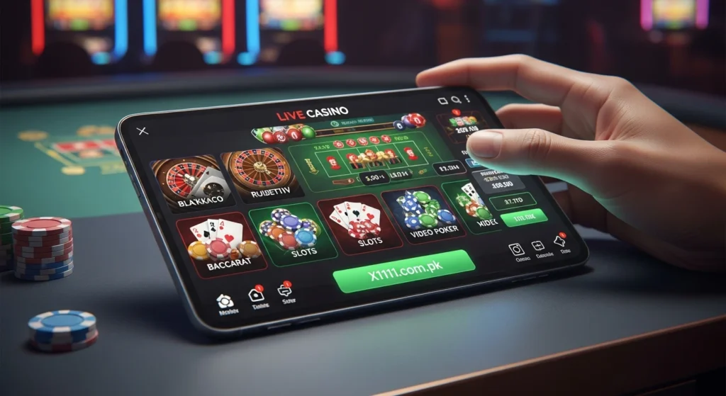 Illustration of casino tables, roulette wheel, cards, and chips arranged in a glowing spotlight, symbolizing the importance of choosing the right casino games.