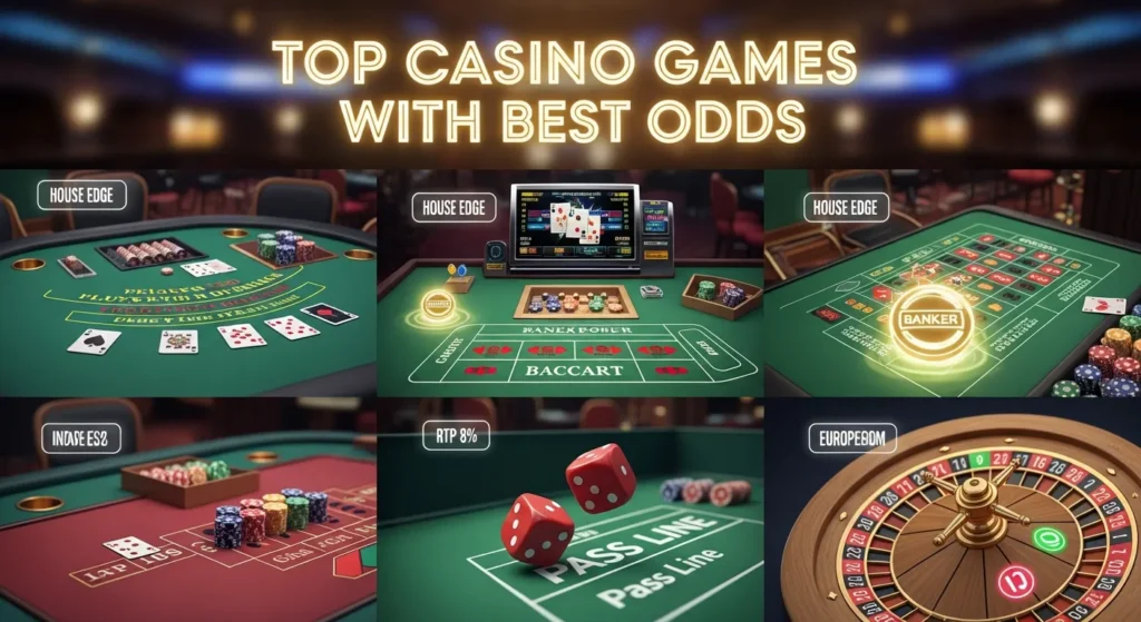 Graphic showing blackjack, baccarat, craps, and roulette icons with highlighted odds and percentages, representing casino games with the best winning chances.